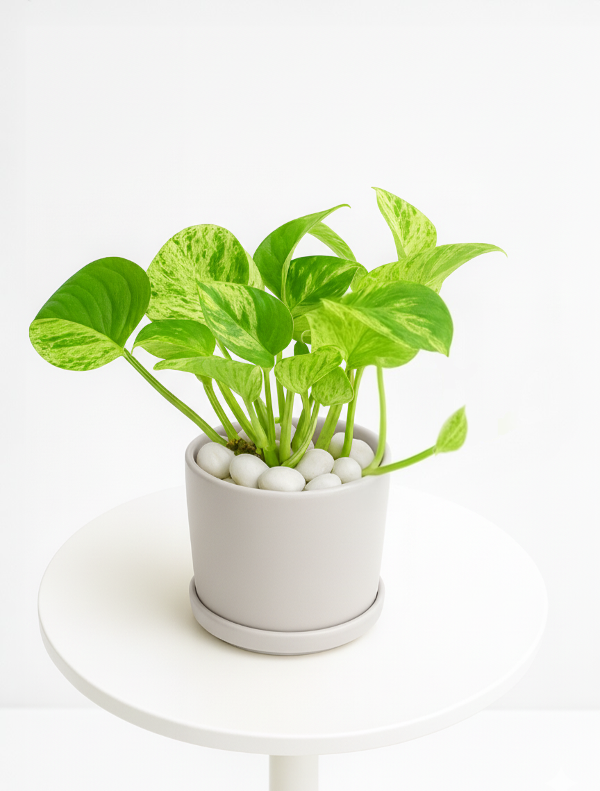 Marble Queen Pothos — Round Pot + Saucer