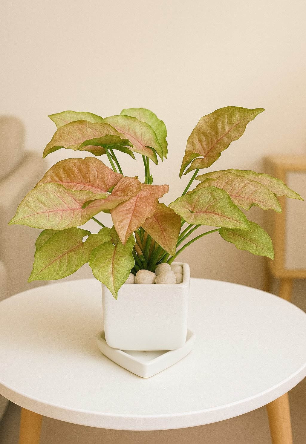 Pink Syngonium — White Square Pot + Square Saucer